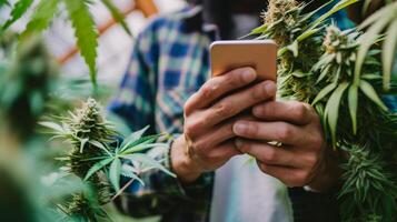 ai généré cannabis producteur en utilisant téléphone intelligent. fermer de une Jeune homme en portant une cannabis plante dans le sien mains. intérieur cultivation concept. photo