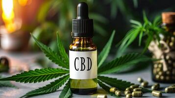 ai généré cannabis cbd pétrole dans une verre bouteille. cannabis extrait. médicinal indica avec CDB. photo