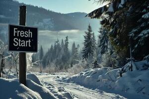 ai généré enseigne avec le une inscription Frais début dans le montagnes dans l'hiver. photo