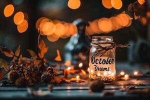 ai généré bougie lumière dans une verre pot sur le Contexte de une magnifique l'automne paysage photo
