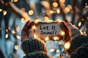 ai généré signe avec le texte laisser il neige sur le Contexte de une Noël guirlande. photo