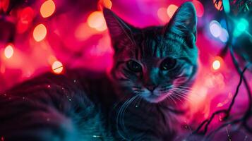 ai généré mignonne tigré chat avec Noël lumières sur Contexte photo