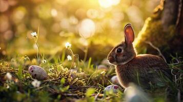 ai généré Pâques lapin et Pâques des œufs dans le herbe. Pâques Contexte photo