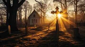 ai généré gothique cimetière avec traverser et rayons de soleil à lever du soleil. photo