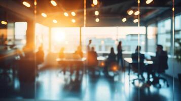 ai généré flou image de affaires gens en marchant dans moderne Bureau avec lumière du soleil. photo