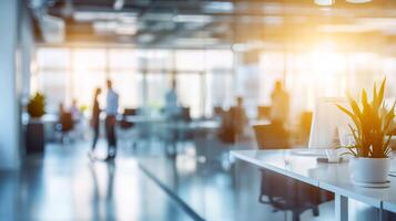 ai généré flou image de affaires gens en marchant dans moderne Bureau avec lumière du soleil. photo