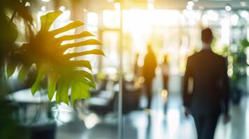 ai généré flou image de affaires gens en marchant dans moderne Bureau avec lumière du soleil. photo