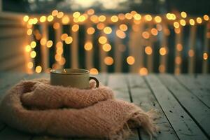 ai généré tasse de café enveloppé dans une chaud tricoté écharpe sur une en bois terrasse dans le soir photo