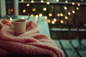 ai généré tasse de café enveloppé dans une chaud tricoté écharpe sur une en bois terrasse dans le soir photo