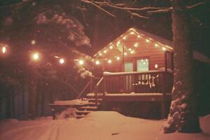 ai généré hiver nuit dans le village. en bois maison dans le hiver forêt. photo