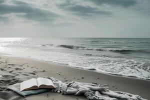 ai généré ouvert livre sur le plage dans le soir avec mer et ciel Contexte photo