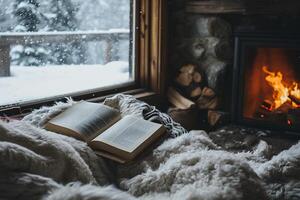 ai généré confortable hiver soir par le fenêtre avec une livre et une cheminée photo