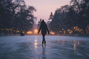 ai généré femme patinage sur la glace patinoire à hiver nuit photo