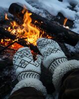 ai généré femme mains dans de laine Mitaines près feu dans hiver forêt photo