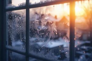 ai généré neige sur le fenêtre à le coucher du soleil. magnifique hiver paysage avec neige couvert des arbres. photo