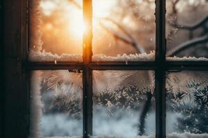 ai généré neige sur le fenêtre à le coucher du soleil. magnifique hiver paysage avec neige couvert des arbres. photo