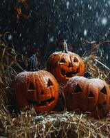 ai généré Halloween citrouilles dans le neige. jack o lanternes. photo