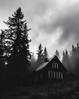 ai généré en bois maison dans le hiver forêt. noir et blanc image. photo