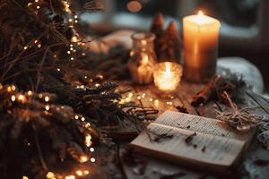 ai généré Noël et Nouveau année vacances Contexte avec bokeh lumières et sapin arbre branches photo