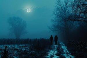 ai généré homme et femme en marchant dans une brumeux hiver forêt à nuit. photo