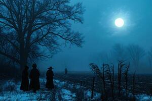 ai généré silhouette de Trois femmes dans le brouillard dans une champ de blé photo