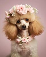 ai généré mignonne beige caniche chien avec une fleur couronne sur le sien diriger. photo
