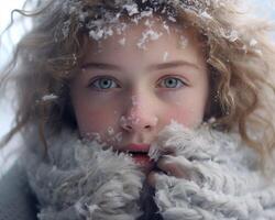 ai généré portrait de une magnifique peu fille avec blond frisé cheveux dans le hiver parc photo