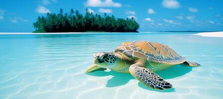 ai généré tranquille mer tortue repos sur sablonneux plage avec captivant Azur bleu océan vagues dans le toile de fond photo