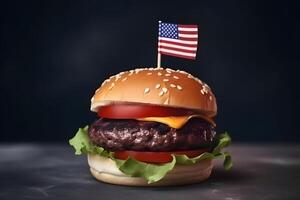 ai généré Hamburger avec petit américain drapeau sur il, foncé arrière-plan, nous patriotique fier thème, neural réseau généré image photo