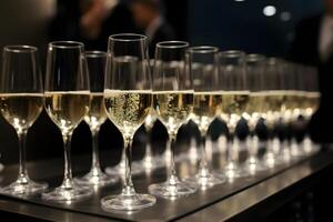 ai généré entreprise fête pétillant Champagne rempli des lunettes permanent dans une Lignes sur table surface, neural réseau généré photoréaliste image photo