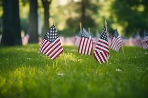 ai généré Mémorial journée hommage. beaucoup petit américain drapeaux sur une vert pelouse, neural réseau généré photoréaliste image photo