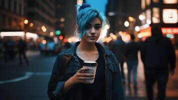 ai généré Jeune magnifique aux cheveux bleus féminin femme à nuit ville rue en portant papier carton tasse de café, neural réseau généré image photo