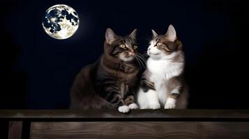 ai généré couple de adorable chats séance sur clôture dans de face de plein lune nuit ciel, neural réseau généré image photo