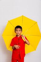 peu garçon mode souriant enfant dans rouge chinois robe, style et mode des idées pour les enfants. chinois Nouveau année photo