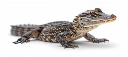 ai généré proche en haut coup de isolé alligator sur blanc arrière-plan, faune reptile avec copie espace photo