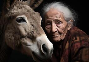 ai généré portrait de une moment de affection entre un personnes âgées agriculteur femme et le sien âne. se soucier et attention. national et ferme animaux. photo