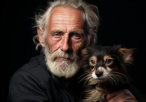 ai généré portrait de une moment de affection entre un personnes âgées agriculteur homme et le sien chien. se soucier et attention. national et ferme animaux. photo