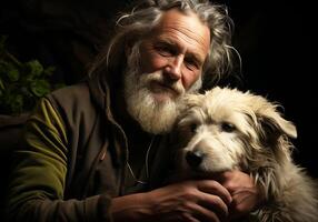 ai généré portrait de une moment de affection entre un personnes âgées agriculteur homme et le sien chien. se soucier et attention. national et ferme animaux. photo