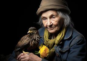 ai généré portrait de une moment de affection entre un personnes âgées femme et un Aigle. se soucier et attention. faune animaux. photo