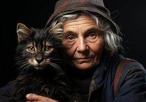 ai généré portrait de une moment de affection entre un personnes âgées femme et sa chat. se soucier et attention. national et ferme animaux. photo