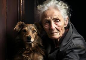 ai généré portrait de une moment de affection entre un personnes âgées femme et sa chien. se soucier et attention. national et ferme animaux. photo