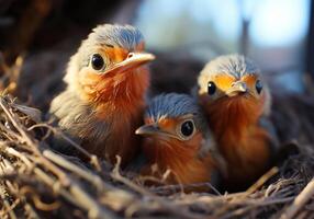 ai généré peu des oiseaux dans le nid attendre à être nourris. animaux dans sauvage vie. photo