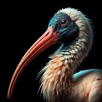 ai généré réaliste ibis oiseau sur noir Contexte. sauvage vie. photo