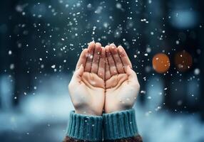 ai généré mains étiré en dehors avec neige chute sur eux. hiver temps photo