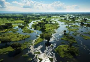 ai généré rural des champs inondé après une gros orage avec beaucoup de pluie. climat changement photo