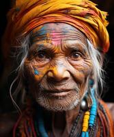 ai généré portrait de sérieux Indien homme à Holi Festival dans Inde. traditions et culture. photo