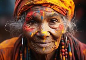 ai généré portrait de sérieux Indien femme à Holi Festival dans Inde. traditions et culture. photo