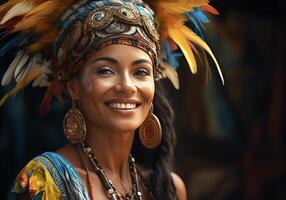 ai généré magnifique femme avec typique brésilien costume sur sa diriger. femme journée. tradition et culture photo