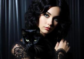 ai généré magnifique femme avec longue frisé cheveux et une noir chat. femme journée photo