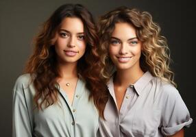 ai généré deux magnifique femmes avec longue frisé cheveux. femme journée photo